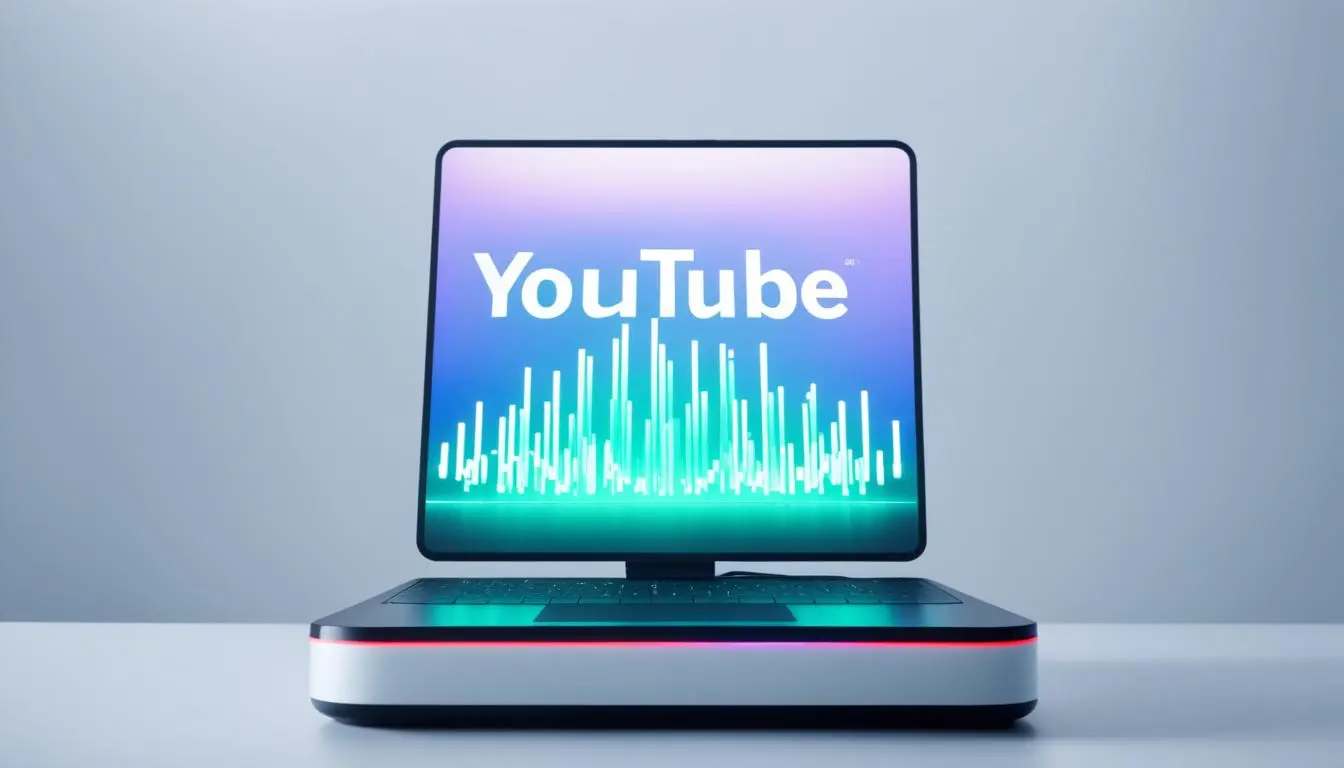 A sleek device emitting dynamic light patterns, resembling a high-tech machine. It displays words such as "YouTube", "Hashtags", and "AI" on its surface. Its design conveys a sense of advanced technology and efficiency.